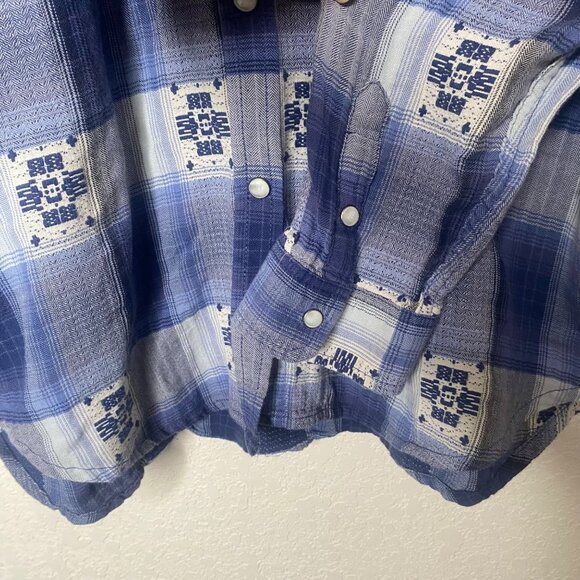 American Eagle Outfitters Snap Button Shirt Womens L Boyfriend Fit Plaid Blue We - Picture 5 of 10